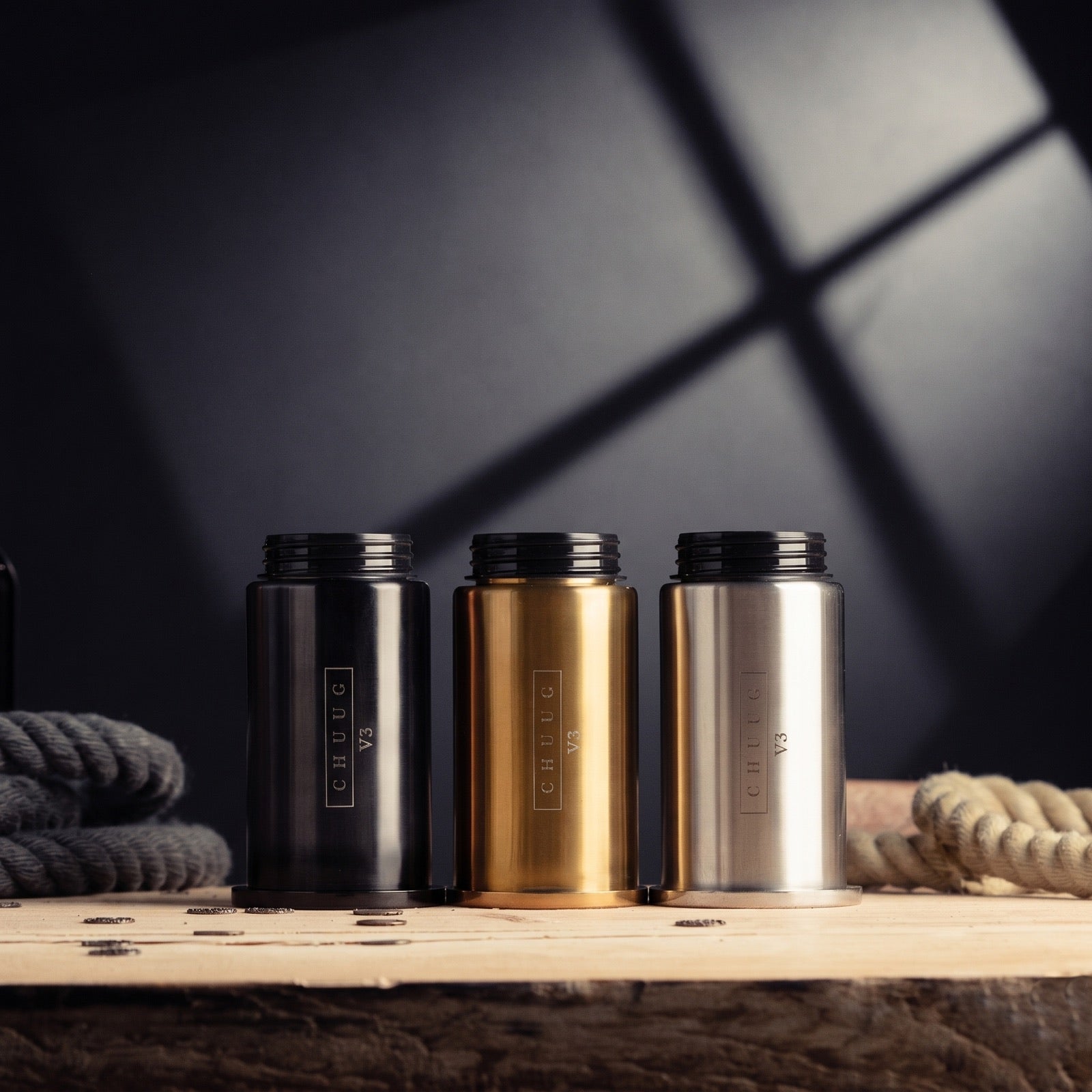 The SPINsert Cup in all three finishes: steel, gold and gun metal